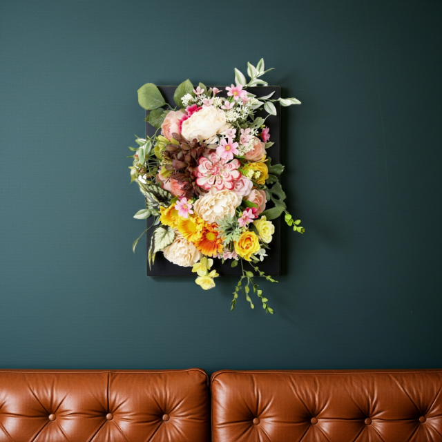 【アーティフィシャル壁掛・造花インテリアフラワー】スクエアフレームアレンジ・花音−kanon