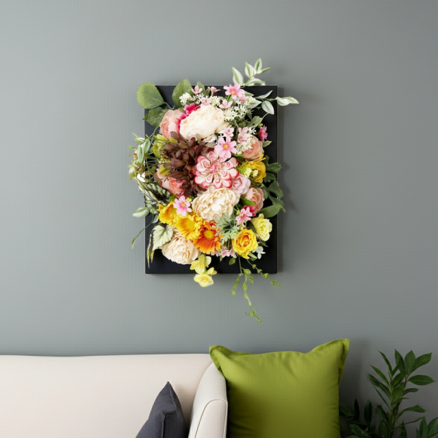 【アーティフィシャル壁掛・造花インテリアフラワー】スクエアフレームアレンジ・花音−kanon