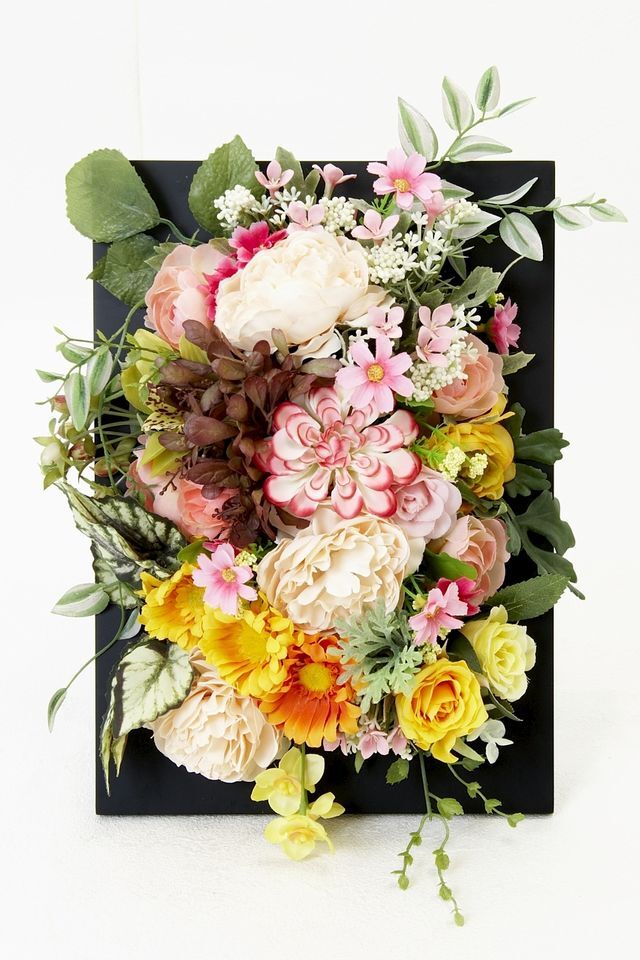【アーティフィシャル壁掛・造花インテリアフラワー】スクエアフレームアレンジ・花音−kanon