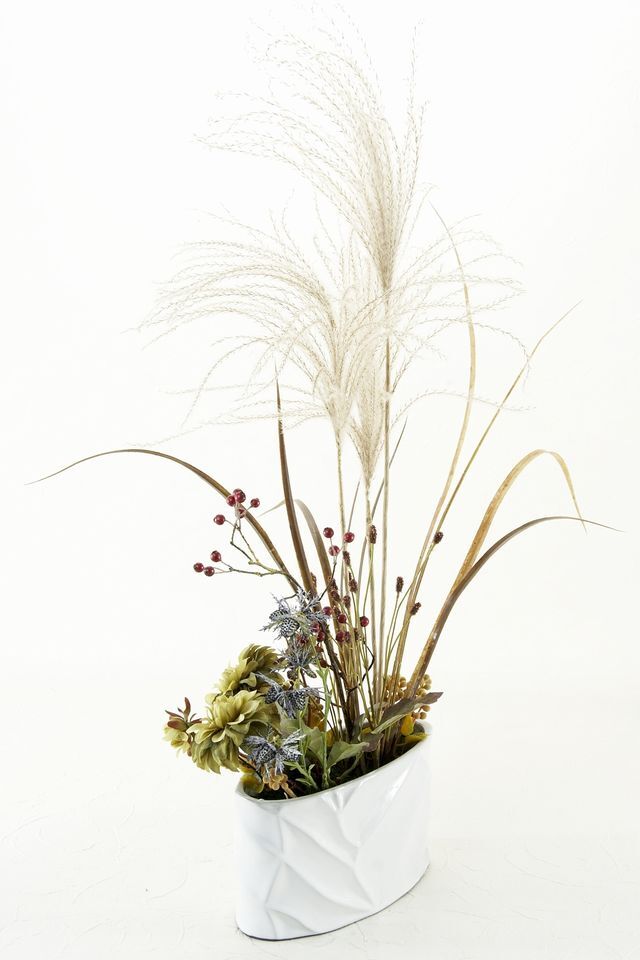 【造花・アーティフィシャルフラワー・和モダンアレンジメント】ダリアとススキのジャパニーズモダンアレンジメント