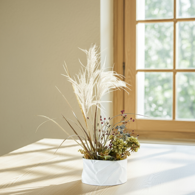 【造花・アーティフィシャルフラワー・和モダンアレンジメント】ダリアとススキのジャパニーズモダンアレンジメント