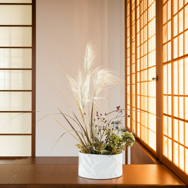 【造花・アーティフィシャルフラワー・和モダンアレンジメント】ダリアとススキのジャパニーズモダンアレンジメント