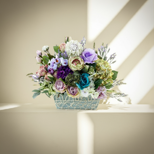 【アーティフィシャルフラワー・造花 インテリアフラワー ワイヤーバスケット】ローズガーデンシリーズ｜scent of roses−Lサイズ