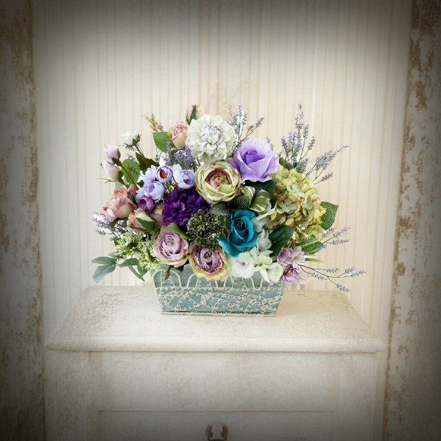 【アーティフィシャルフラワー・造花 インテリアフラワー ワイヤーバスケット】ローズガーデンシリーズ｜scent of roses−Lサイズ