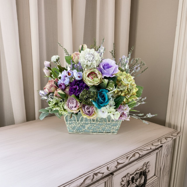 【アーティフィシャルフラワー・造花 インテリアフラワー ワイヤーバスケット】ローズガーデンシリーズ｜scent of roses−Lサイズ