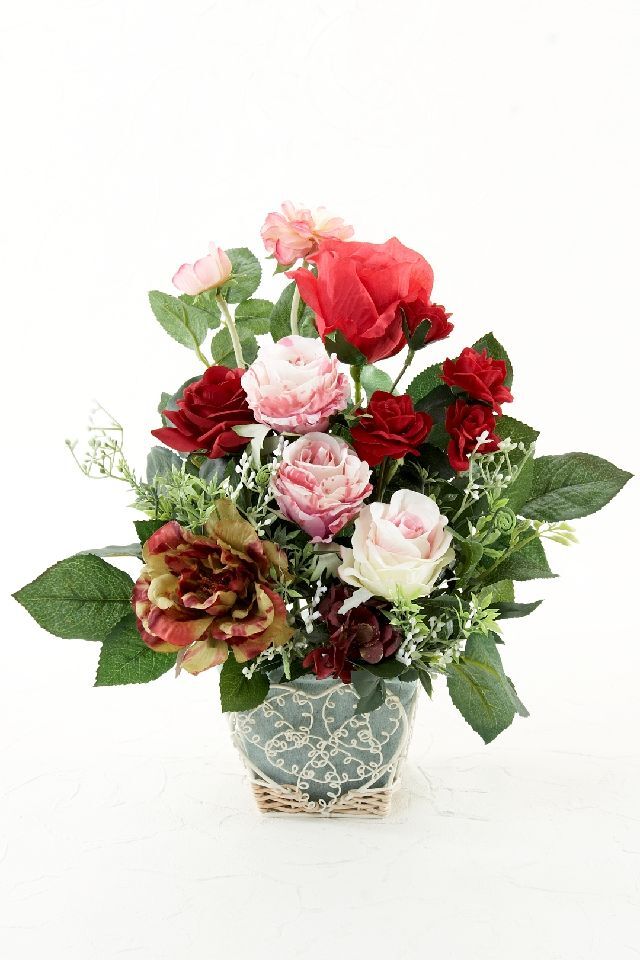 【アーティフィシャルフラワー・造花 インテリアフラワー ワイヤーバスケット】ローズガーデンシリーズ｜scent of roses−Sサイズ