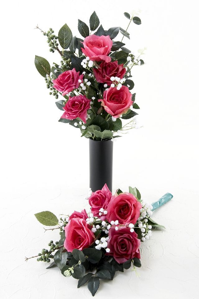 【アーティフィシャルフラワー・造花 お墓・お仏壇向け仏花・供花1対-左右2束セット】ローズガーデンシリーズ｜offering of roses-B