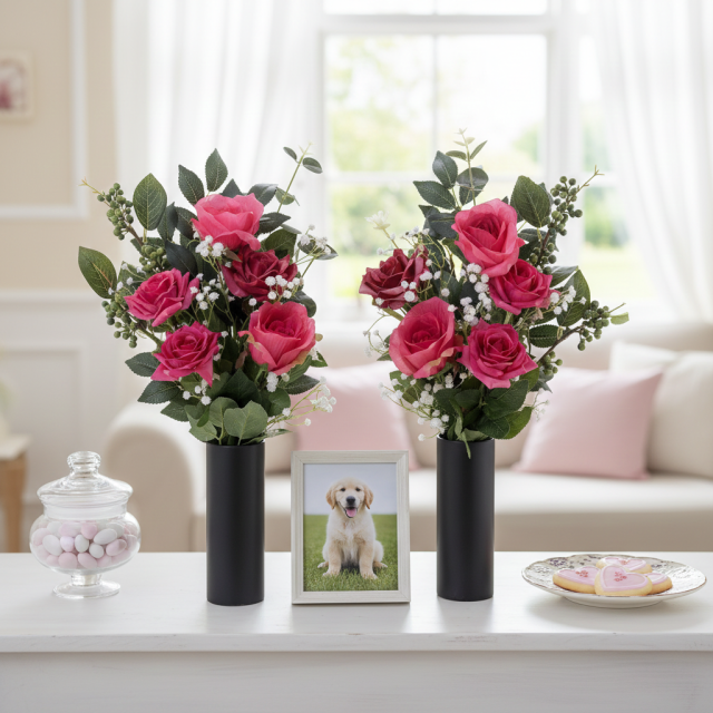 【アーティフィシャルフラワー・造花 お墓・お仏壇向け仏花・供花1対-左右2束セット】ローズガーデンシリーズ｜offering of roses-B