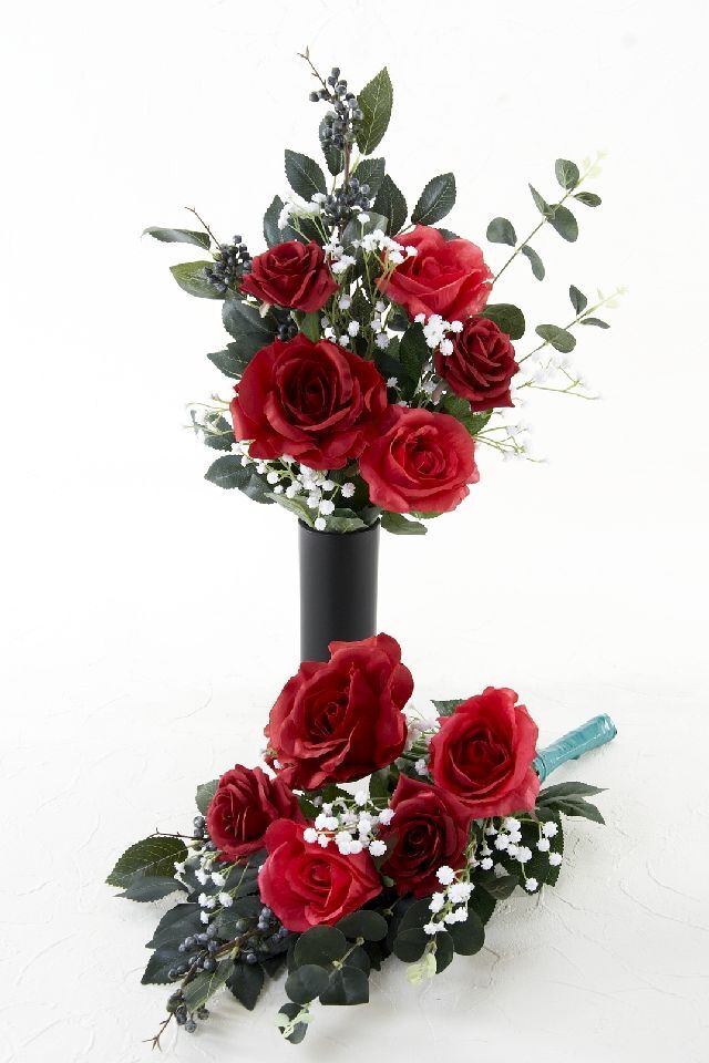 【アーティフィシャルフラワー・造花 お墓・お仏壇向け仏花・供花1対-左右2束セット】ローズガーデンシリーズ｜offering of roses-B