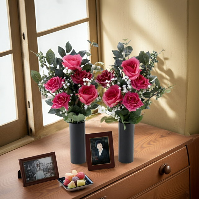 【アーティフィシャルフラワー・造花 お墓・お仏壇向け仏花・供花1対-左右2束セット】ローズガーデンシリーズ｜offering of roses-B