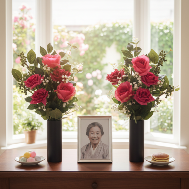 【アーティフィシャルフラワー・造花 お墓・お仏壇向け仏花・供花1対-左右2束セット】ローズガーデンシリーズ｜offering of roses-B