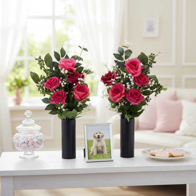 【アーティフィシャルフラワー・造花 お墓・お仏壇向け仏花・供花1対-左右2束セット】ローズガーデンシリーズ｜offering of roses-B