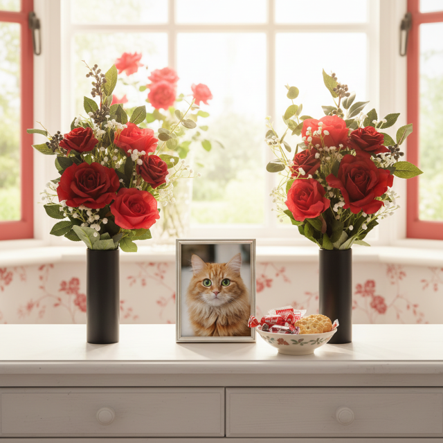 【アーティフィシャルフラワー・造花 お墓・お仏壇向け仏花・供花1対-左右2束セット】ローズガーデンシリーズ｜offering of roses-B