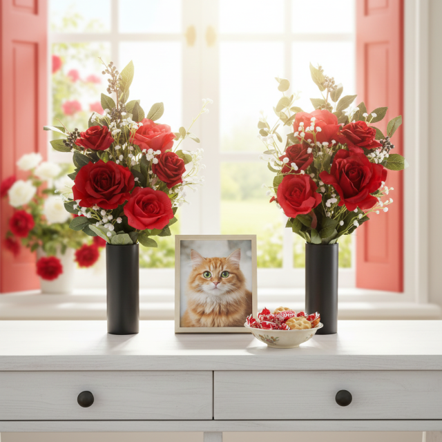 【アーティフィシャルフラワー・造花 お墓・お仏壇向け仏花・供花1対-左右2束セット】ローズガーデンシリーズ｜offering of roses-B