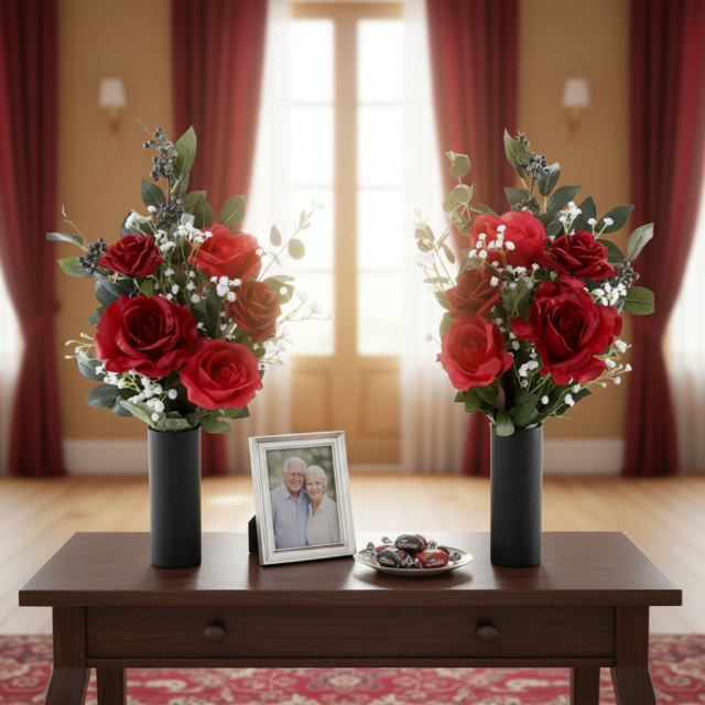 【アーティフィシャルフラワー・造花 お墓・お仏壇向け仏花・供花1対-左右2束セット】ローズガーデンシリーズ｜offering of roses-B