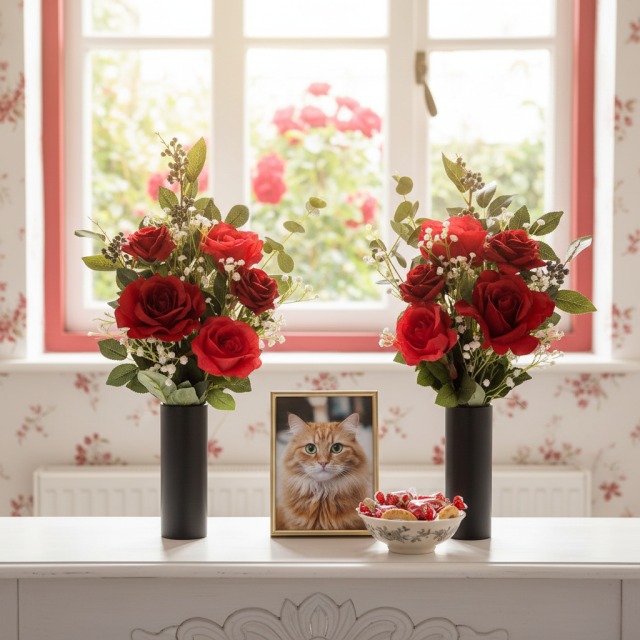 【アーティフィシャルフラワー・造花 お墓・お仏壇向け仏花・供花1対-左右2束セット】ローズガーデンシリーズ｜offering of roses-B
