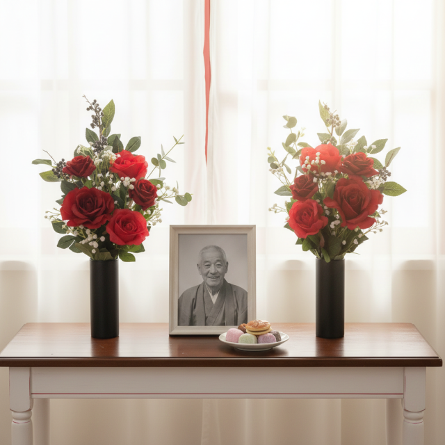 【アーティフィシャルフラワー・造花 お墓・お仏壇向け仏花・供花1対-左右2束セット】ローズガーデンシリーズ｜offering of roses-B