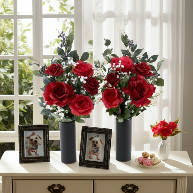 【アーティフィシャルフラワー・造花 お墓・お仏壇向け仏花・供花1対-左右2束セット】ローズガーデンシリーズ｜offering of roses-B
