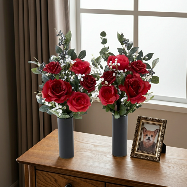 【アーティフィシャルフラワー・造花 お墓・お仏壇向け仏花・供花1対-左右2束セット】ローズガーデンシリーズ｜offering of roses-B