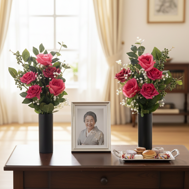 【アーティフィシャルフラワー・造花 お墓・お仏壇向け仏花・供花1対-左右2束セット】ローズガーデンシリーズ｜offering of roses-B
