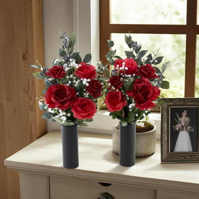 【アーティフィシャルフラワー・造花 お墓・お仏壇向け仏花・供花1対-左右2束セット】ローズガーデンシリーズ｜offering of roses-B