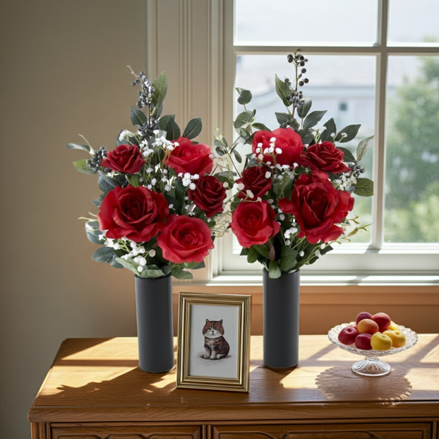 【アーティフィシャルフラワー・造花 お墓・お仏壇向け仏花・供花1対-左右2束セット】ローズガーデンシリーズ｜offering of roses-B