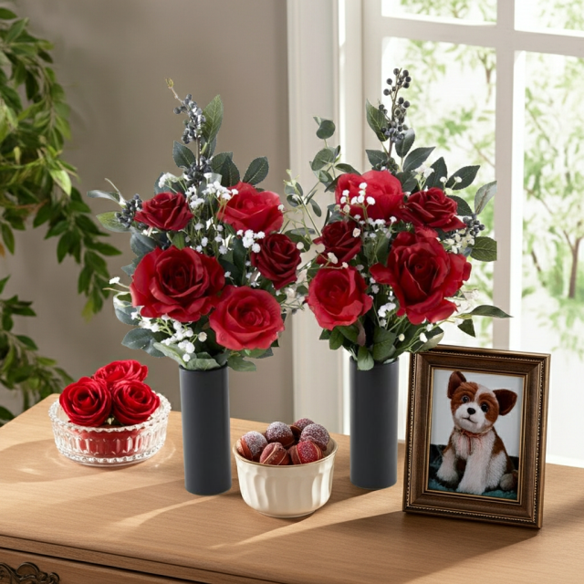 【アーティフィシャルフラワー・造花 お墓・お仏壇向け仏花・供花1対-左右2束セット】ローズガーデンシリーズ｜offering of roses-B