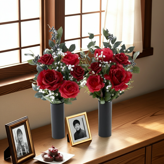 【アーティフィシャルフラワー・造花 お墓・お仏壇向け仏花・供花1対-左右2束セット】ローズガーデンシリーズ｜offering of roses-B