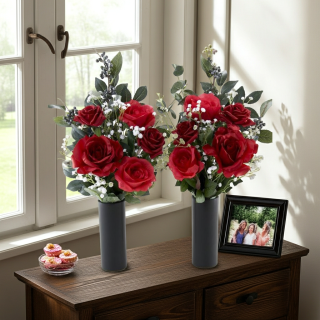 【アーティフィシャルフラワー・造花 お墓・お仏壇向け仏花・供花1対-左右2束セット】ローズガーデンシリーズ｜offering of roses-B