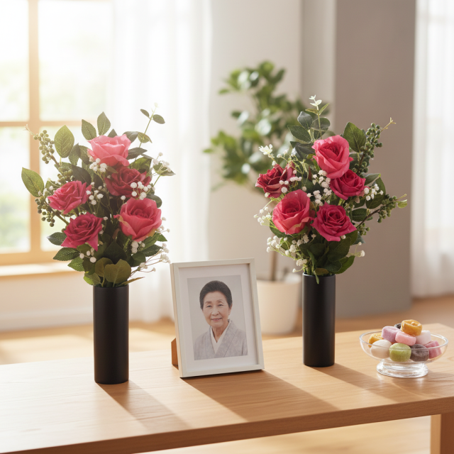 【アーティフィシャルフラワー・造花 お墓・お仏壇向け仏花・供花1対-左右2束セット】ローズガーデンシリーズ｜offering of roses-B