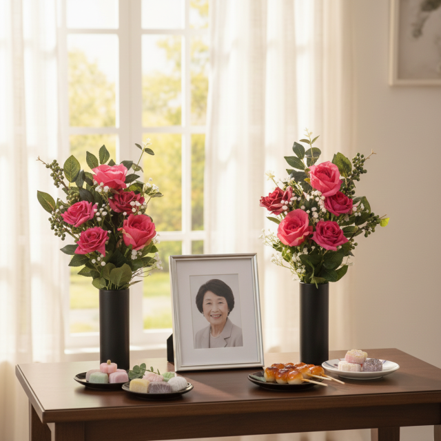 【アーティフィシャルフラワー・造花 お墓・お仏壇向け仏花・供花1対-左右2束セット】ローズガーデンシリーズ｜offering of roses-B