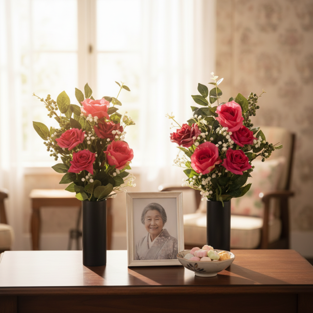 【アーティフィシャルフラワー・造花 お墓・お仏壇向け仏花・供花1対-左右2束セット】ローズガーデンシリーズ｜offering of roses-B
