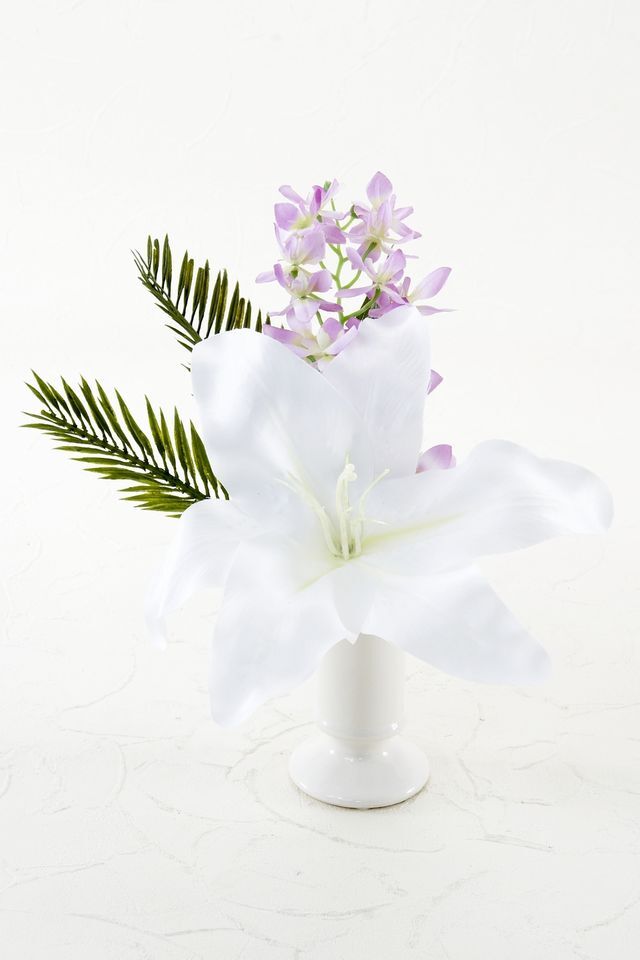 【アーティフィシャルフラワー・造花 お仏壇向けリトル仏花・供花】カサブランカ&蘭のミニ仏花−1束タイプ