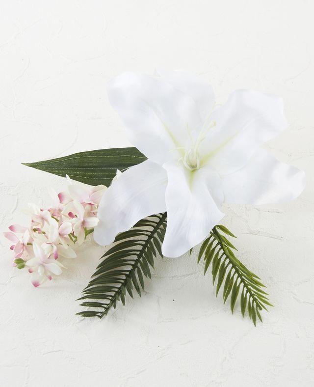 【アーティフィシャルフラワー・造花 お仏壇向けリトル仏花・供花】カサブランカ&蘭のミニ仏花−1束タイプ