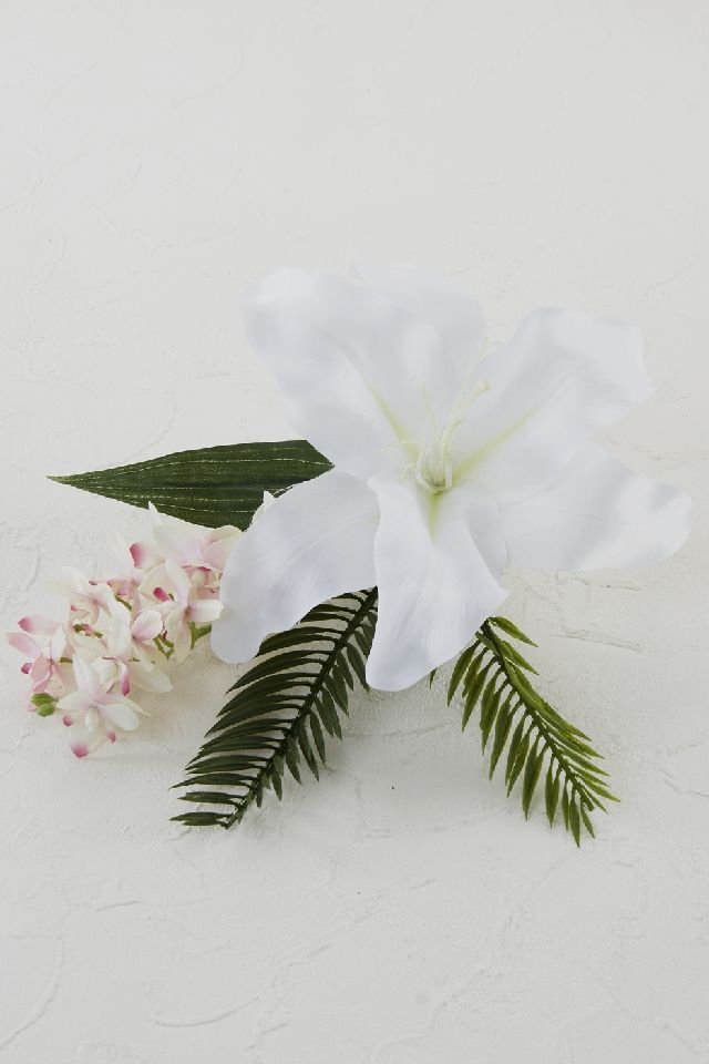 【アーティフィシャルフラワー・造花 お仏壇向けリトル仏花・供花】カサブランカ&蘭のミニ仏花−1束タイプ