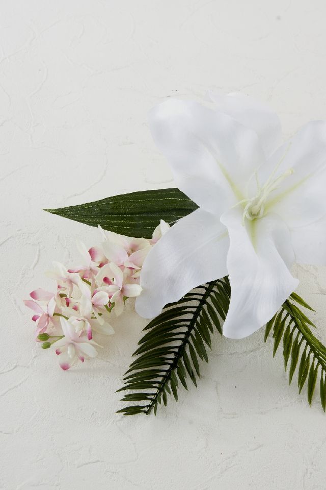 【アーティフィシャルフラワー・造花 お仏壇向けリトル仏花・供花】カサブランカ&蘭のミニ仏花−1束タイプ