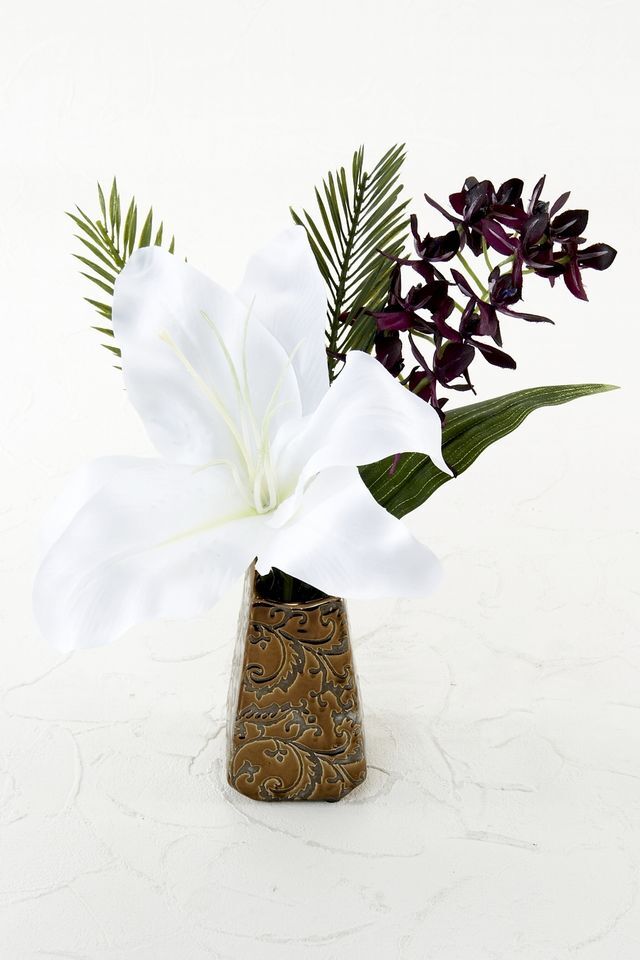 【アーティフィシャルフラワー・造花 お仏壇向けリトル仏花・供花】カサブランカ&蘭のミニ仏花−1束タイプ