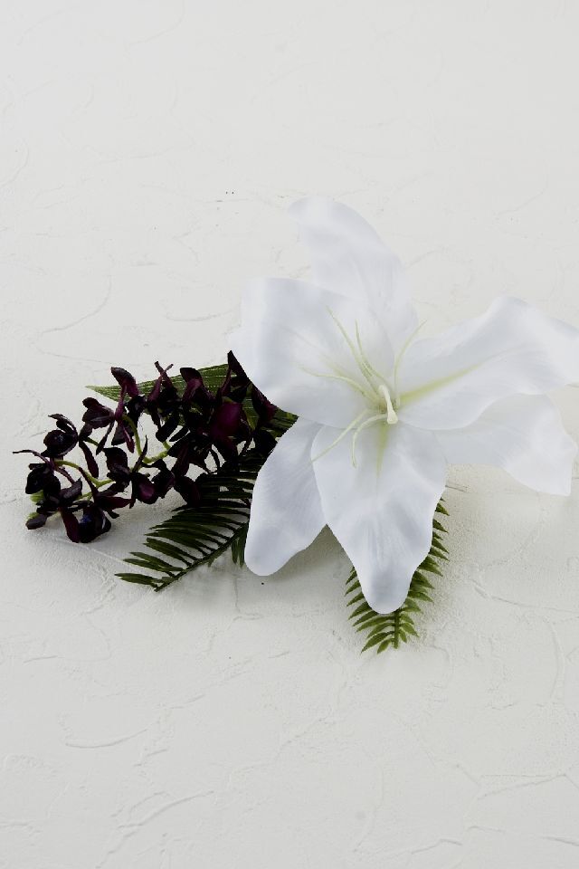【アーティフィシャルフラワー・造花 お仏壇向けリトル仏花・供花】カサブランカ&蘭のミニ仏花−1束タイプ