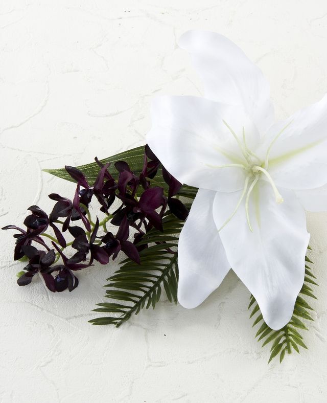 【アーティフィシャルフラワー・造花 お仏壇向けリトル仏花・供花】カサブランカ&蘭のミニ仏花−1束タイプ