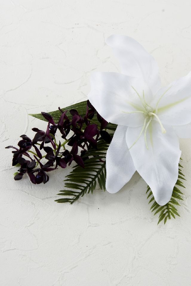 【アーティフィシャルフラワー・造花 お仏壇向けリトル仏花・供花】カサブランカ&蘭のミニ仏花−1束タイプ