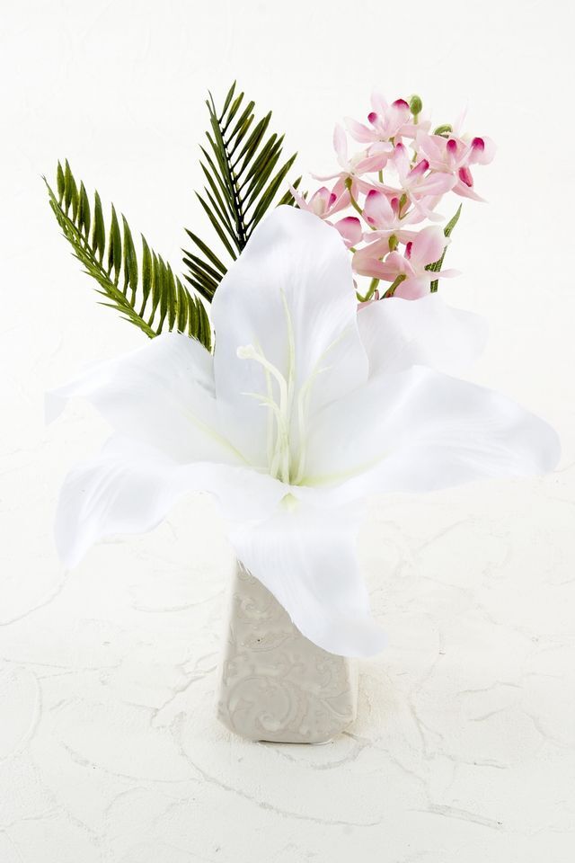 【アーティフィシャルフラワー・造花 お仏壇向けリトル仏花・供花】カサブランカ&蘭のミニ仏花−1束タイプ
