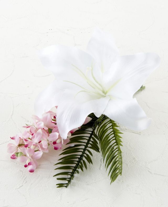 【アーティフィシャルフラワー・造花 お仏壇向けリトル仏花・供花】カサブランカ&蘭のミニ仏花−1束タイプ