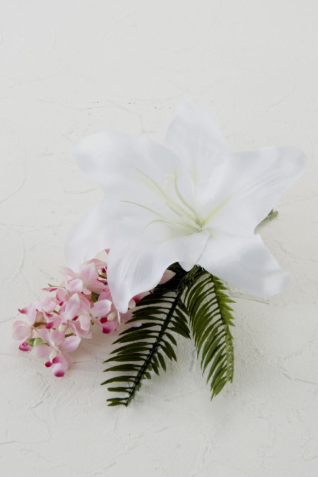 【アーティフィシャルフラワー・造花 お仏壇向けリトル仏花・供花】カサブランカ&蘭のミニ仏花−1束タイプ
