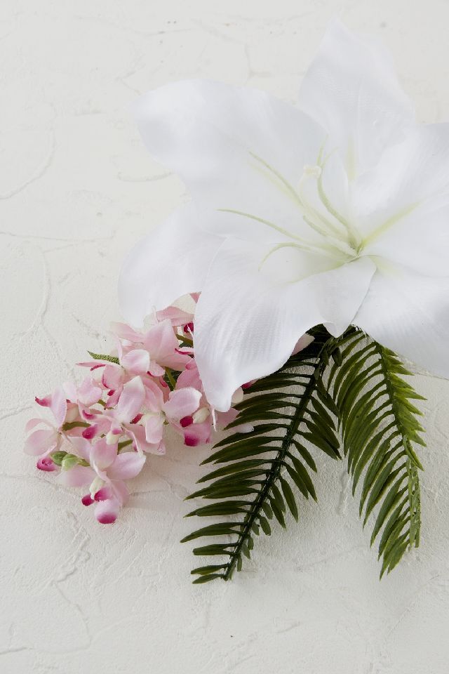 【アーティフィシャルフラワー・造花 お仏壇向けリトル仏花・供花】カサブランカ&蘭のミニ仏花−1束タイプ