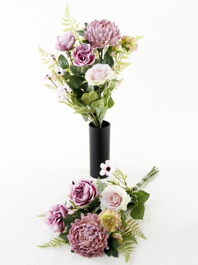 【アーティフィシャルフラワー・造花 お墓・お仏壇向け仏花・供花1対-左右2束セット】薔薇＆マムの洋風供花（左右１対セット）