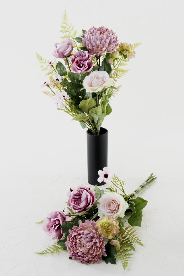 【アーティフィシャルフラワー・造花 お墓・お仏壇向け仏花・供花1対-左右2束セット】薔薇＆マムの洋風供花（左右１対セット）