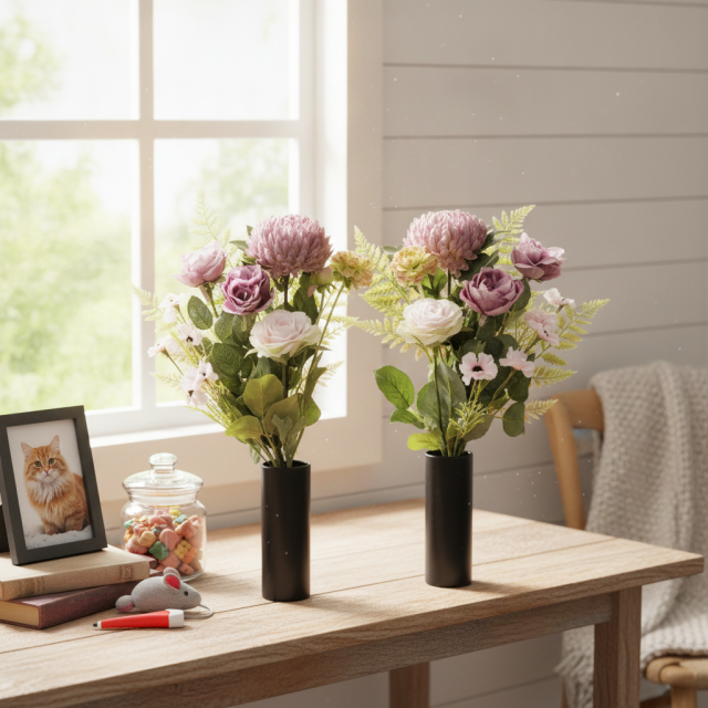 【アーティフィシャルフラワー・造花 お墓・お仏壇向け仏花・供花1対-左右2束セット】薔薇＆マムの洋風供花（左右１対セット）