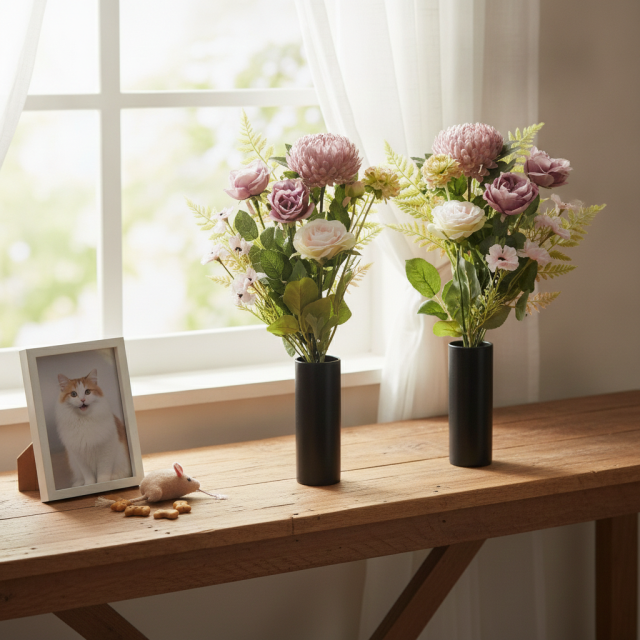 【アーティフィシャルフラワー・造花 お墓・お仏壇向け仏花・供花1対-左右2束セット】薔薇＆マムの洋風供花（左右１対セット）