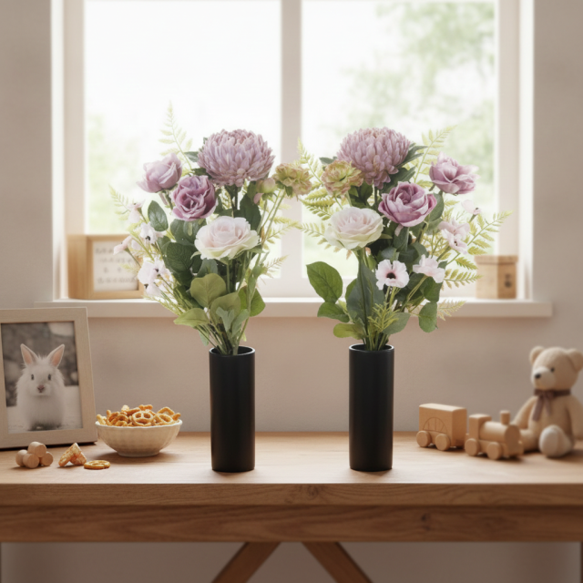 【アーティフィシャルフラワー・造花 お墓・お仏壇向け仏花・供花1対-左右2束セット】薔薇＆マムの洋風供花（左右１対セット）