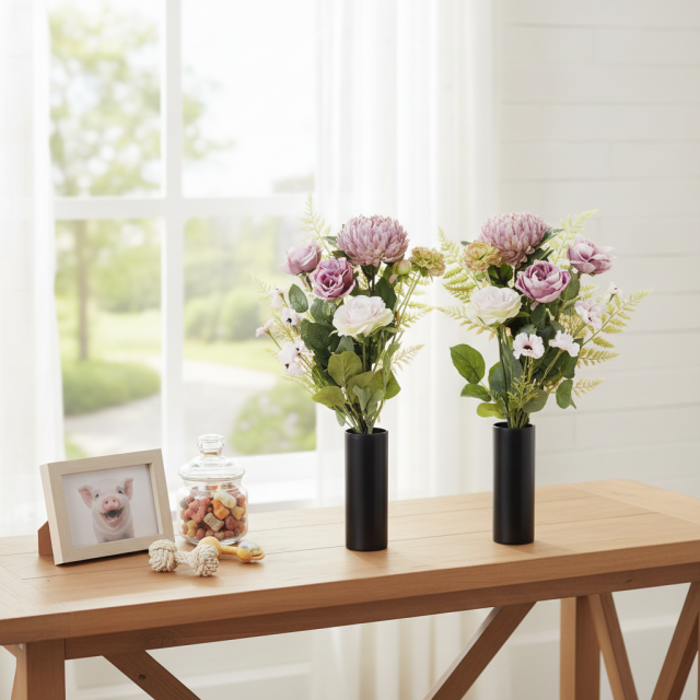 【アーティフィシャルフラワー・造花 お墓・お仏壇向け仏花・供花1対-左右2束セット】薔薇＆マムの洋風供花（左右１対セット）